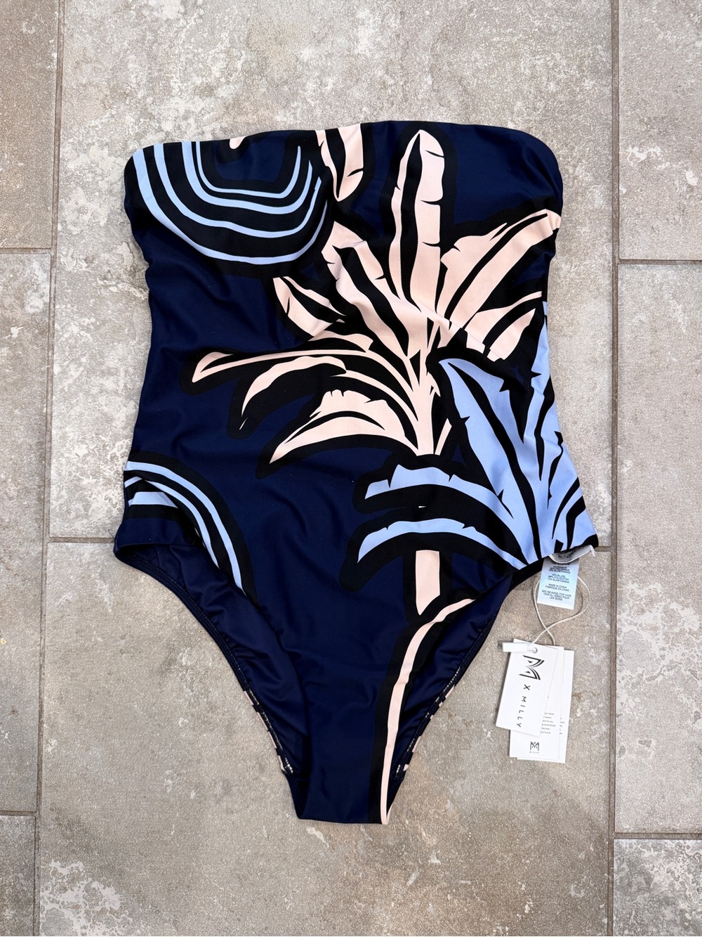 NWT MILLY Palm Tree Provence Strapless One Piece Size M (Blue color)